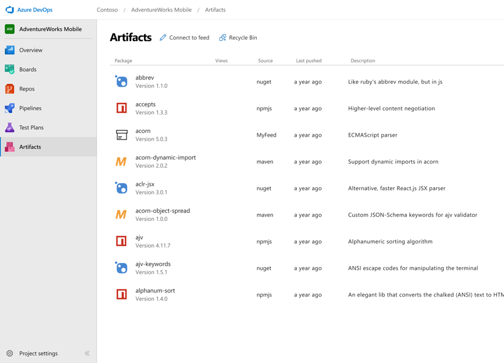 Azure Artifacts feed screenshot